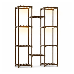 Bamworld large 10 tier carbonized wood plant stand with warm led grow lights turned on white background