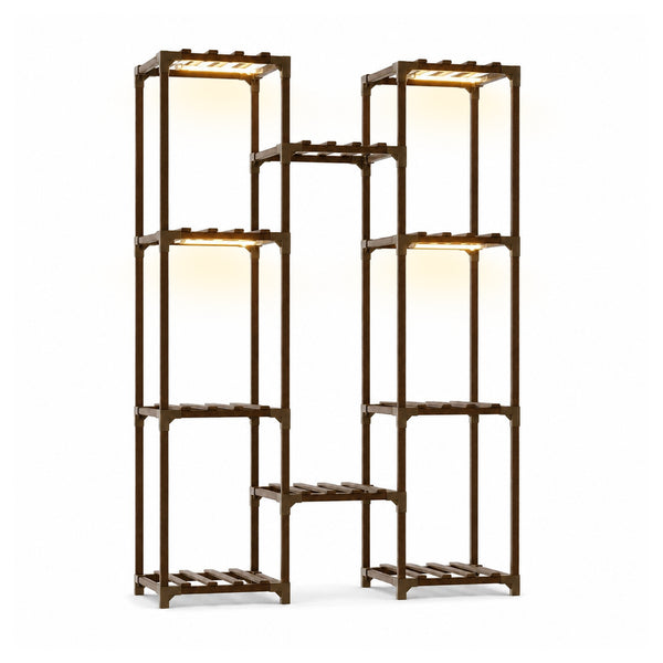 Bamworld large 10 tier carbonized wood plant stand with warm led grow lights turned on white background