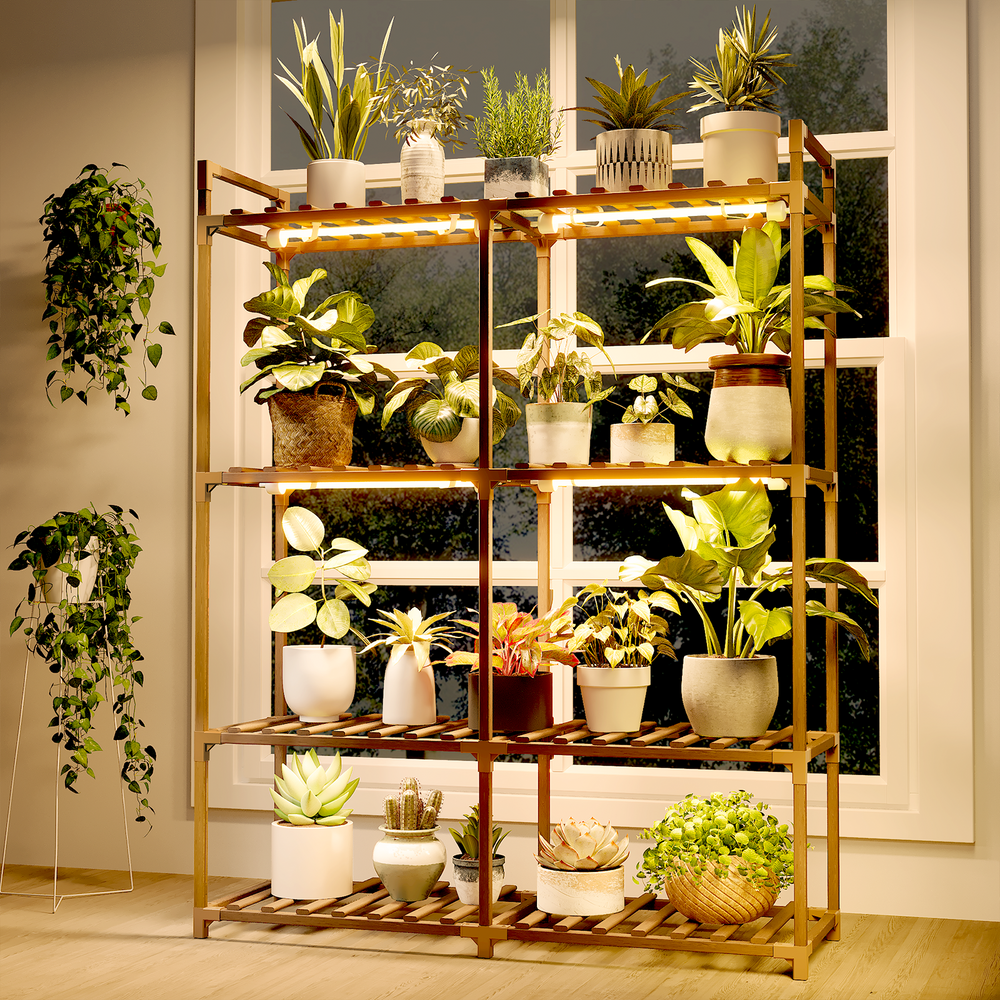 Bamworld Plant Stand with Grow Lights for Indoor Plants Wood Plant Shelf 4 Tier Large Flower Stand for Mutiple Plant Holder Rack for Patio Living Room Balcony