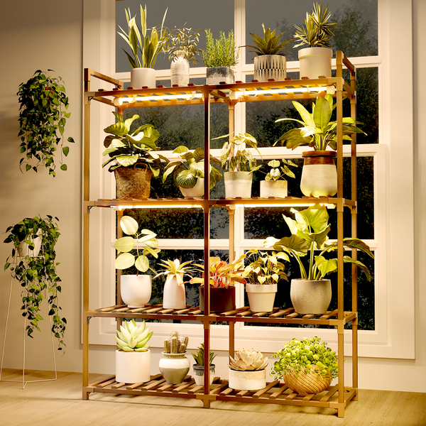 Bamworld Plant Stand with Grow Lights for Indoor Plants Wood Plant Shelf 4 Tier Large Flower Stand for Mutiple Plant Holder Rack for Patio Living Room Balcony