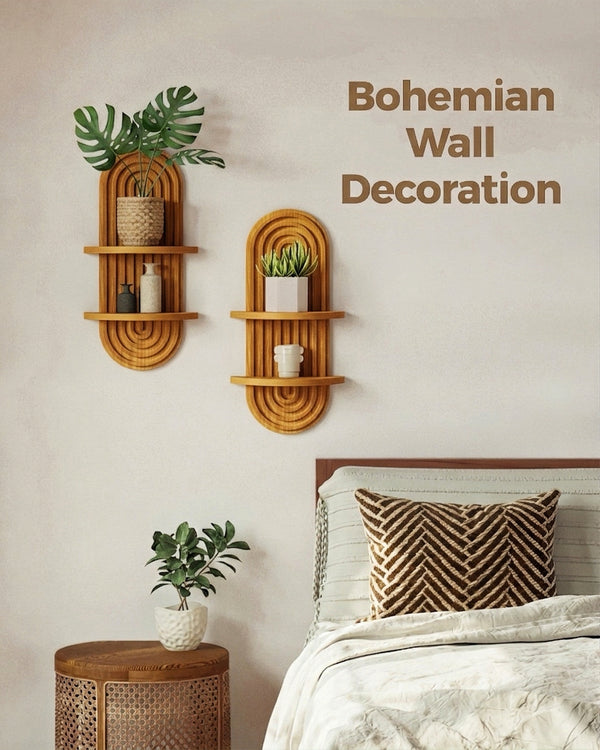 Bamworld Boho Wall Decor Plant Wall Shelf Wood Plant Holder Brown 2PCS | Mid Century Modern Decor Hanging Plant Shelf Wooden Floating Shelves for Home Bedroom Living Room Holding Planter Decoration