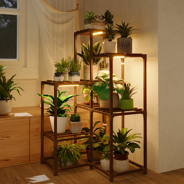 Bamworld Plant Stand with Grow Light, Indoor Plant Growing Corner Shelf with Grow Lights for Living Room Patio Decor