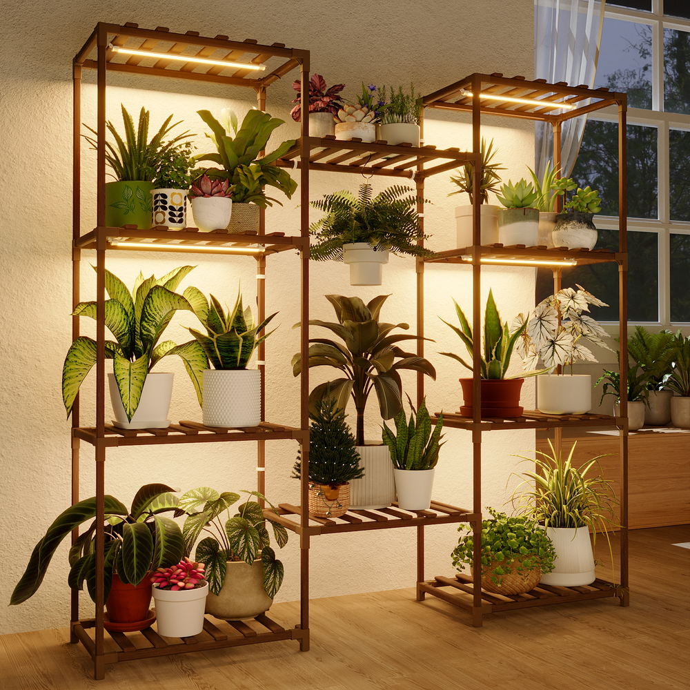 Bamworld Plant Shelf with Grow Lights Large Plant Stand for Multiple Pots Plant Holder for Living Room Patio Boho Home Decoration for Gardening Warm Light