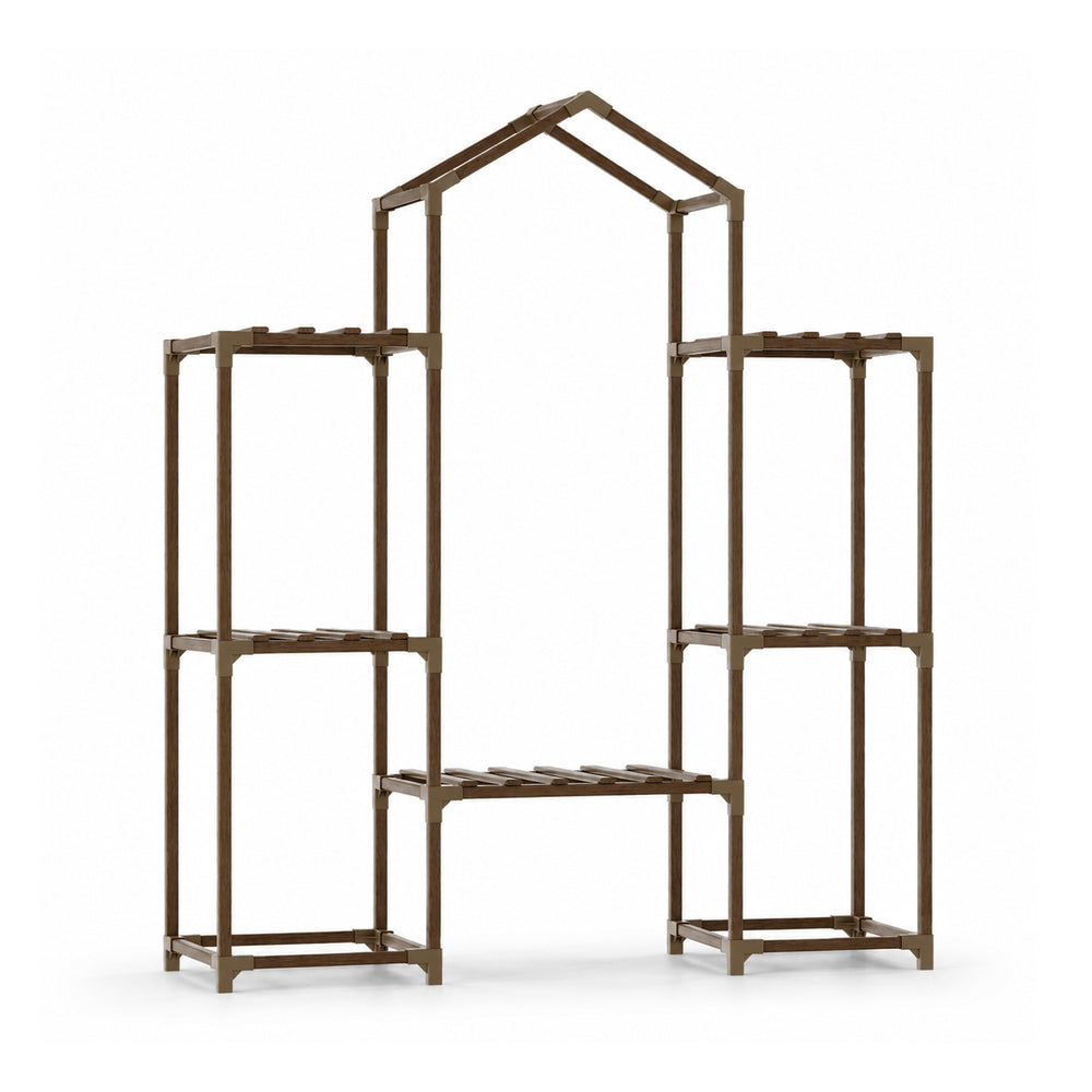 Bamworld boho roof shaped wooden hanging plant stand for multiple plants white background