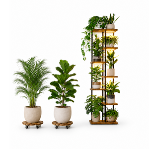 Corner Garden Duo - 4-Tier Wood Stand & Rolling Plant Caddy Bundle