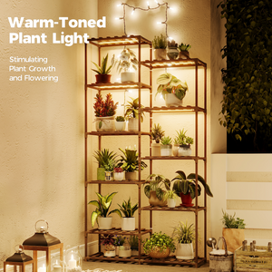Bamworld Wooden Planter with LED Grow Lights – Multi-Tier Indoor Flower Shelf for Multiple Pots, Tall Plant Organizer for Home, Patio & Garden, Rustic Brown