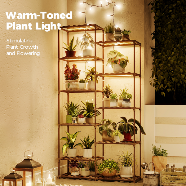 Bamworld Wooden Planter with LED Grow Lights – Multi-Tier Indoor Flower Shelf for Multiple Pots, Tall Plant Organizer for Home, Patio & Garden, Rustic Brown
