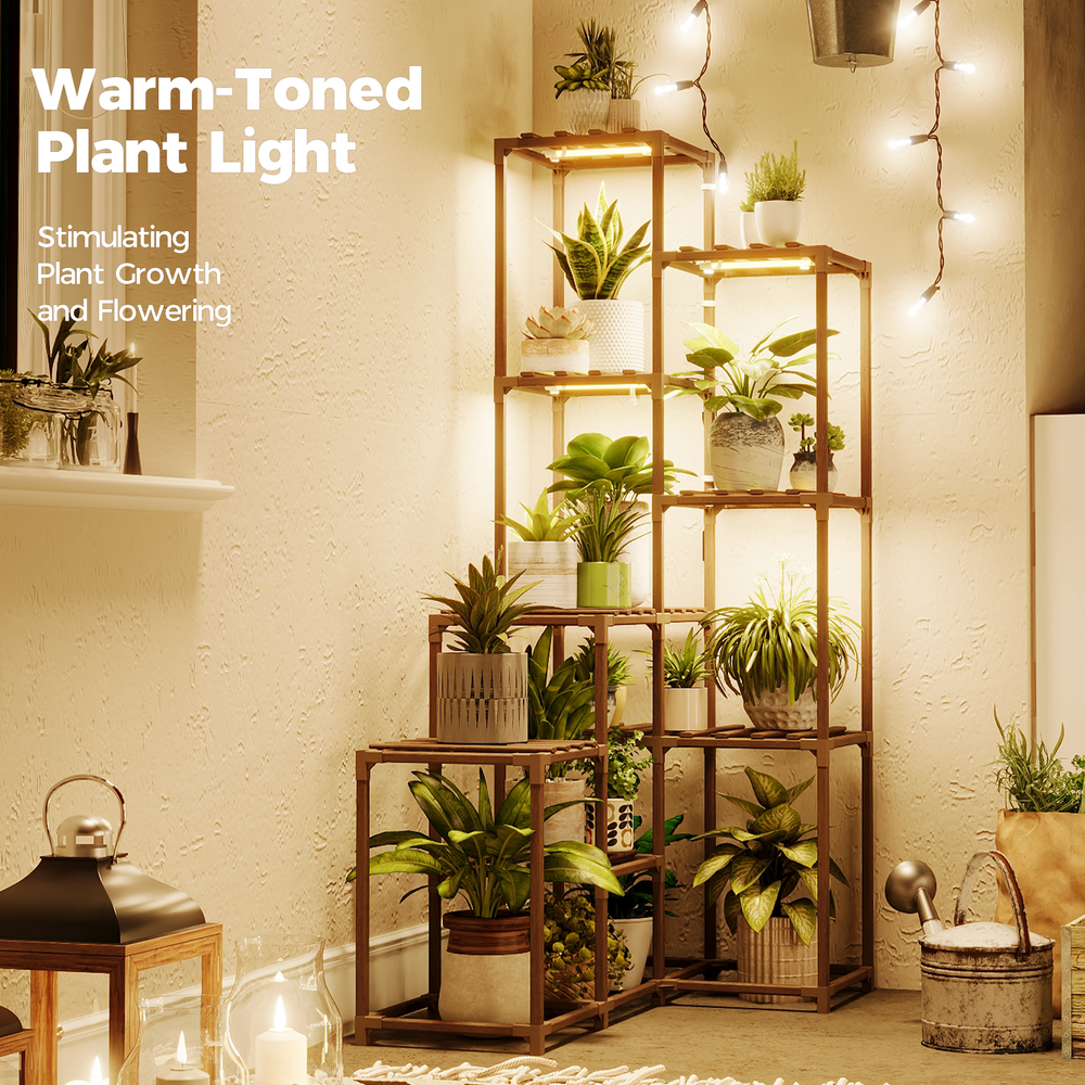 Bamworld Corner Plant Stand with Grow Lights – Tall Shelf Indoor Outdoor for Multiple Plants, Wood Table Flower Stands for 7 Pots, Living Room Rac
