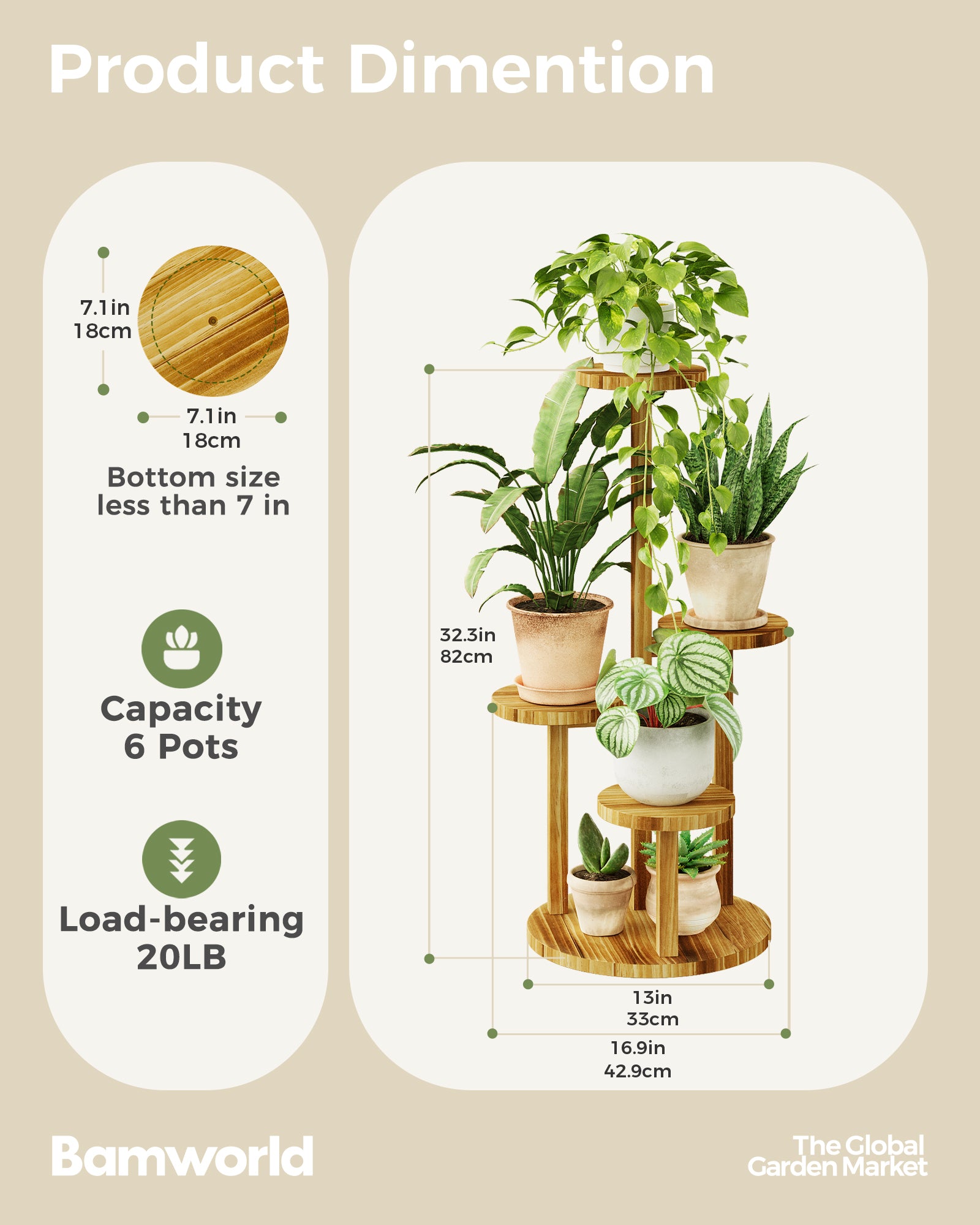 Bamworld 4-Tier Round Wooden Plant Stand | Corner Shelf