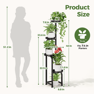 Bamworld 46 inch tall metal plant shelf dimensions and 8.8 inch base width diagram
