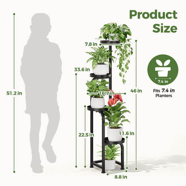 Bamworld 46 inch tall metal plant shelf dimensions and 8.8 inch base width diagram