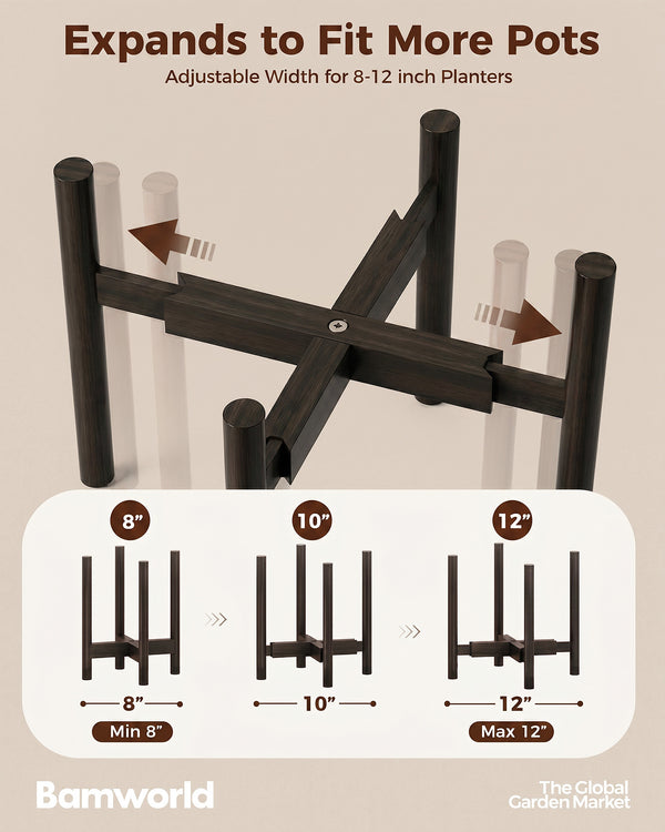 Bamworld Adjustable Plant Stand Indoor, Bamboo Plant Holder 8 to 13 Inches, Small Tall Planter Stand for Indoor Plants, Single Floor Plant Stand for Living Room Balcony Bedroom, Black