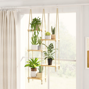 Bamworld 5-Tier Boho Hanging Rope Wood Plant Shelf