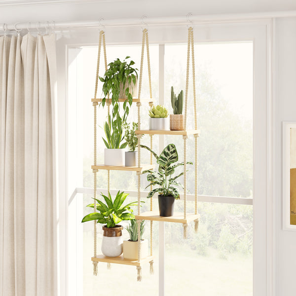 Bamworld 5-Tier Boho Hanging Rope Wood Plant Shelf