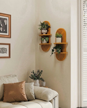 Bamworld Boho Wall Decor Plant Wall Shelf Wood Plant Holder Brown 2PCS | Mid Century Modern Decor Hanging Plant Shelf Wooden Floating Shelves for Home Bedroom Living Room Holding Planter Decoration