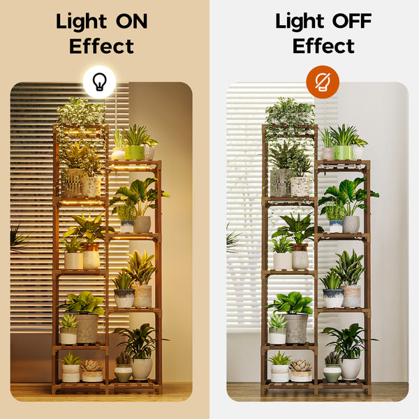 Bamworld Plant Stand with Grow Lights Indoor Outdoor 9 Tier Tall Large Wood Plant Shelf Multi Tier Flower Stands Garden Shelves Wooden Plant Display Holder Rack for Living Room Corner