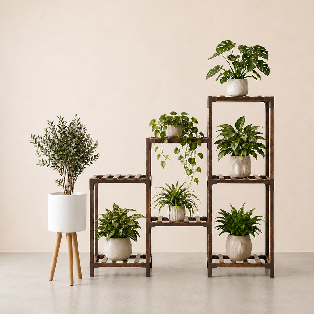 Minimalist Green Nook - 7-Tier Ladder Plant Stand & Ivory Planter Bundle
