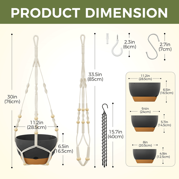 Bamworld 3-Pack Self-Watering Hanging Planters with Macrame and Chains - Matte Black