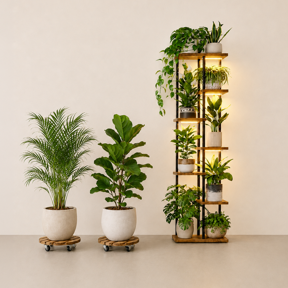 Corner Garden Duo - 4-Tier Wood Stand & Rolling Plant Caddy Bundle