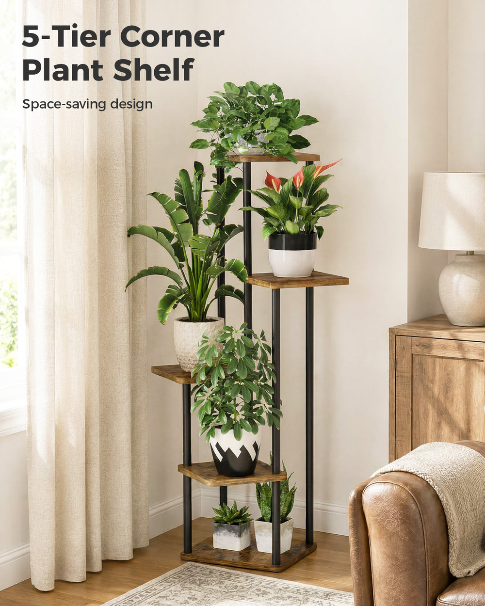 Bamworld Tall Plant Stand Indoor 5 Tier Metal Plant Shelf Brown Plant stand for Multiple Plants Small Plants Pots Flower Stand Pot Holder for Patio Garden Corner Balcony Living Room
