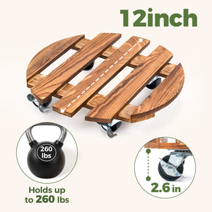 Bamworld 12" Heavy Duty Wooden Plant Caddy with Wheels (2 Pack)