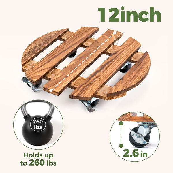 Bamworld 12" Heavy Duty Wooden Plant Caddy with Wheels (2 Pack)