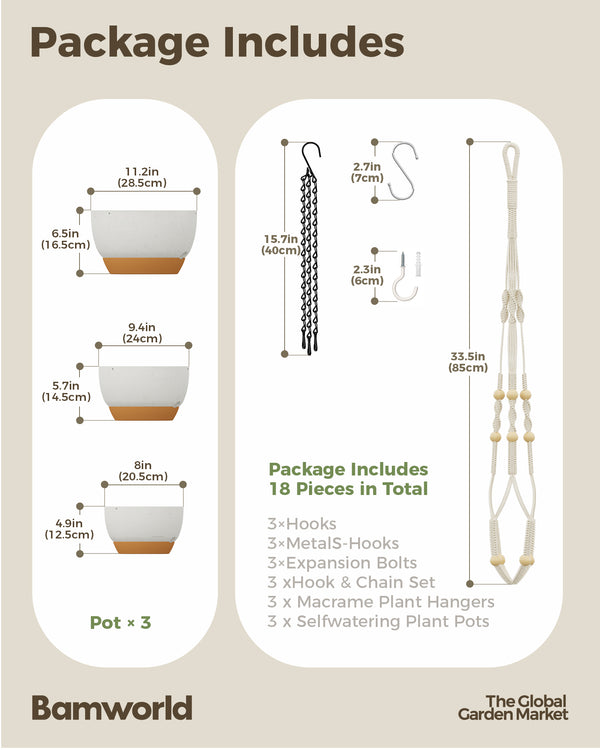 Bamworld 3-Pack Self-Watering Hanging Planters with Macrame and Chains