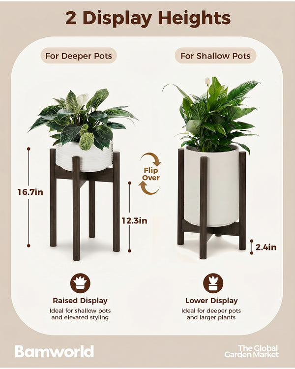 Bamworld Adjustable Plant Stand Indoor, Bamboo Plant Stand Fits 8 9 10 11 12 Inches, Single Floor Plant Stands for Living Room Balcony, Tea brown