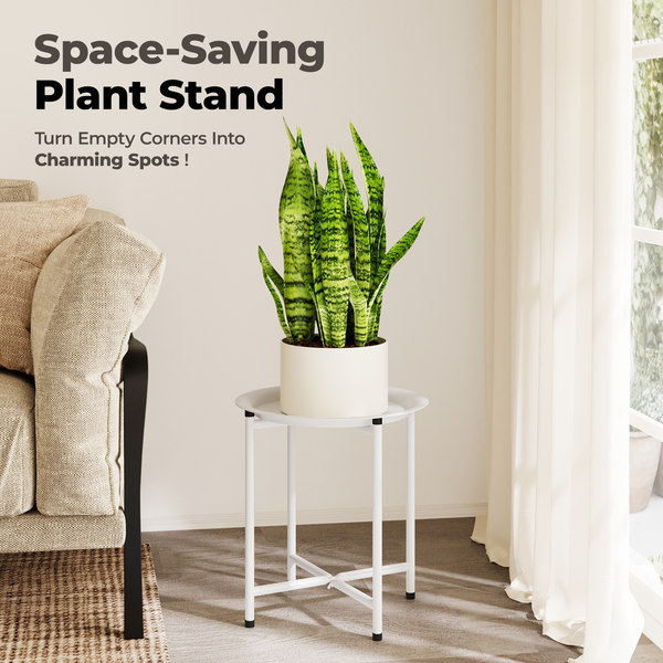 Bamworld Corner Plant Stand Indoor Outdoor, Round Metal Flower Stands for Large Plants, Heavy Duty Plant Table for Patio Garden Balcony Living Room Bedroom, White
