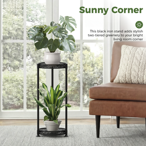Bamworld Tall Black Metal Plant Stand - 2 Tier Flower Stairs Shelf for Indoor Outdoor, Balcony & Living Room
