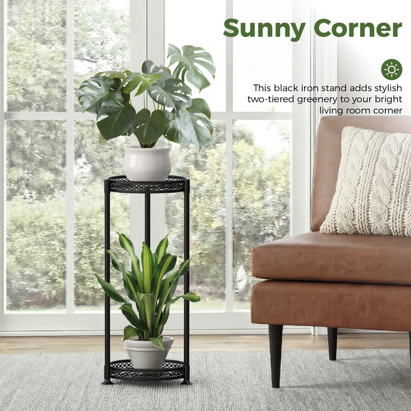 Bamworld Tall Black Metal Plant Stand - 2 Tier Flower Stairs Shelf for Indoor Outdoor, Balcony & Living Room