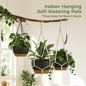 Bamworld 3-Pack Self-Watering Hanging Planters with Macrame and Chains - Matte Black