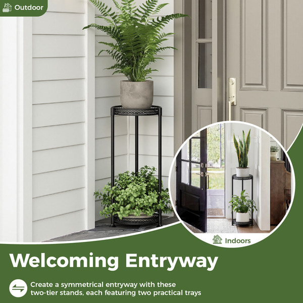 Bamworld Tall Black Metal Plant Stand - 2 Tier Flower Stairs Shelf for Indoor Outdoor, Balcony & Living Room