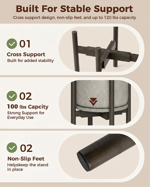 Bamworld Adjustable Plant Stand Indoor, Bamboo Plant Stand Fits 8 9 10 11 12 Inches, Single Floor Plant Stands for Living Room Balcony, Tea brown