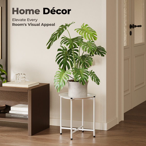 Bamworld Corner Plant Stand Indoor Outdoor, Round Metal Flower Stands for Large Plants, Heavy Duty Plant Table for Patio Garden Balcony Living Room Bedroom, White