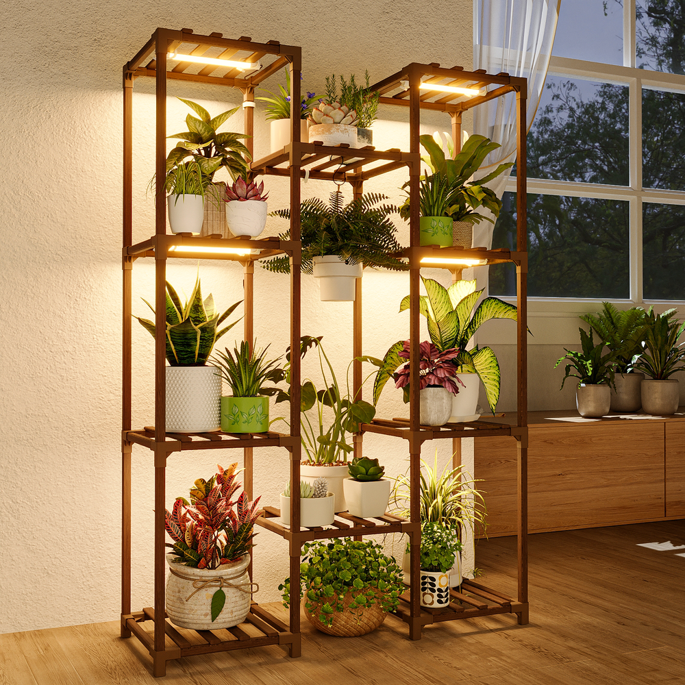 Bamworld Plant Shelf with Grow Light Plant Stand suitable for large living rooms, suitable for multiple flower pots, with warm light design, suitable for gardening