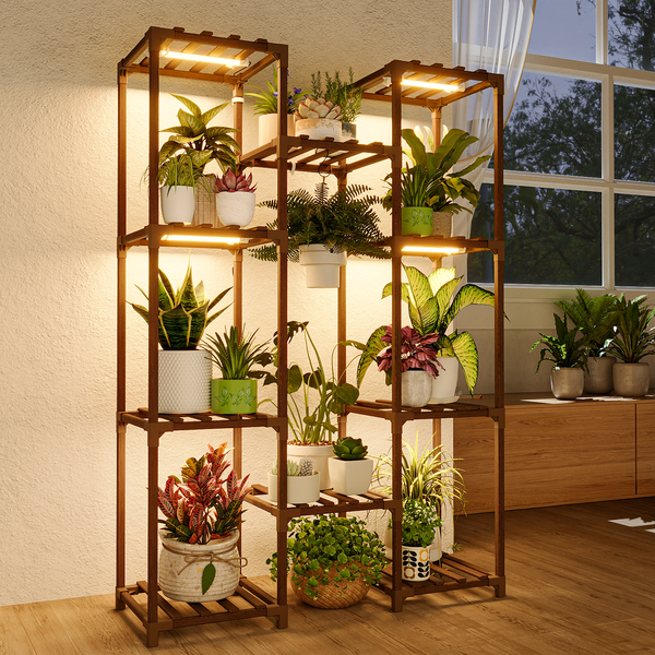 Bamworld Plant Shelf with Grow Light Plant Stand suitable for large living rooms, suitable for multiple flower pots, with warm light design, suitable for gardening