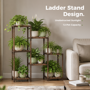 Bamworld wooden ladder plant shelf in a boho decor style living room setup