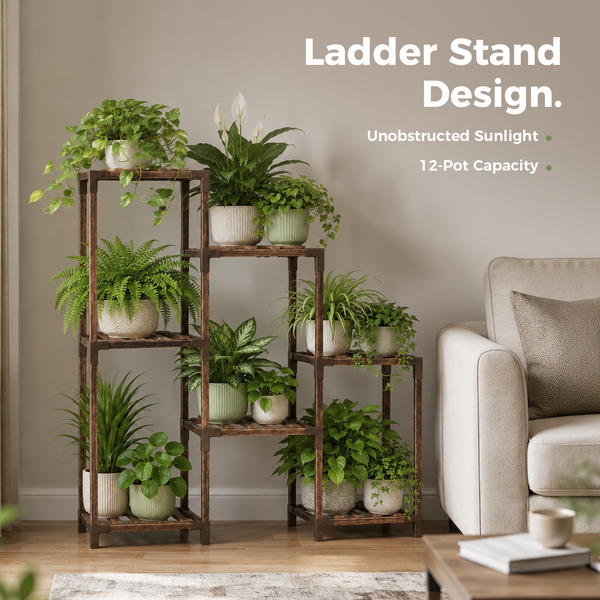 Bamworld wooden ladder plant shelf in a boho decor style living room setup