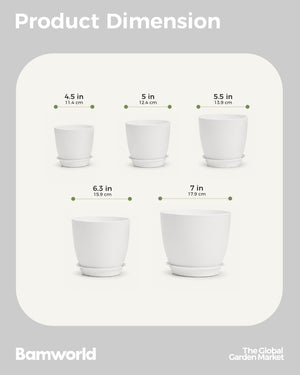 Bamworld 5-Piece White Planter Pots Set with Matching Saucers