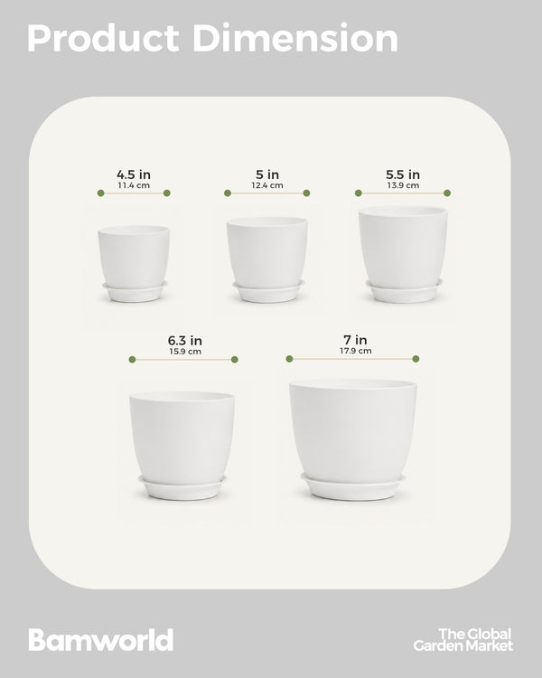 Bamworld 5-Piece White Planter Pots Set with Matching Saucers