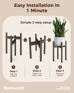 Bamworld Adjustable Plant Stand Indoor, Bamboo Plant Holder 8 to 13 Inches, Small Tall Planter Stand for Indoor Plants, Single Floor Plant Stand for Living Room Balcony Bedroom, Black