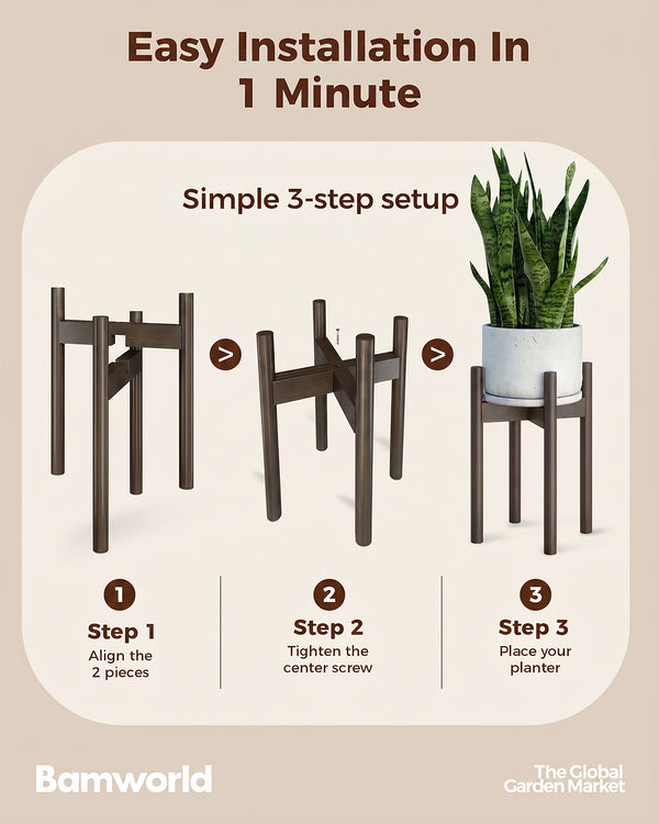 Bamworld Adjustable Plant Stand Indoor, Bamboo Plant Holder 8 to 13 Inches, Small Tall Planter Stand for Indoor Plants, Single Floor Plant Stand for Living Room Balcony Bedroom, Black