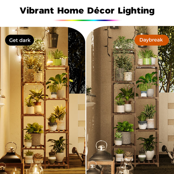 Bamworld Plant Stand with Grow Lights Indoor Outdoor 9 Tier Tall Large Wood Plant Shelf Multi Tier Flower Stands Garden Shelves Wooden Plant Display Holder Rack for Living Room Corner