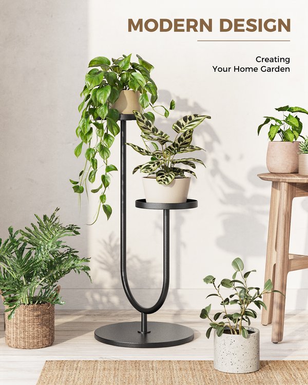 Bamworld Tall Plant Stand Indoor Outdoor, Corner Metal Plant Shelf, 2 Potted Flower Pot Holder for Patio Garden Balcony Living Room Bedroom（Black）