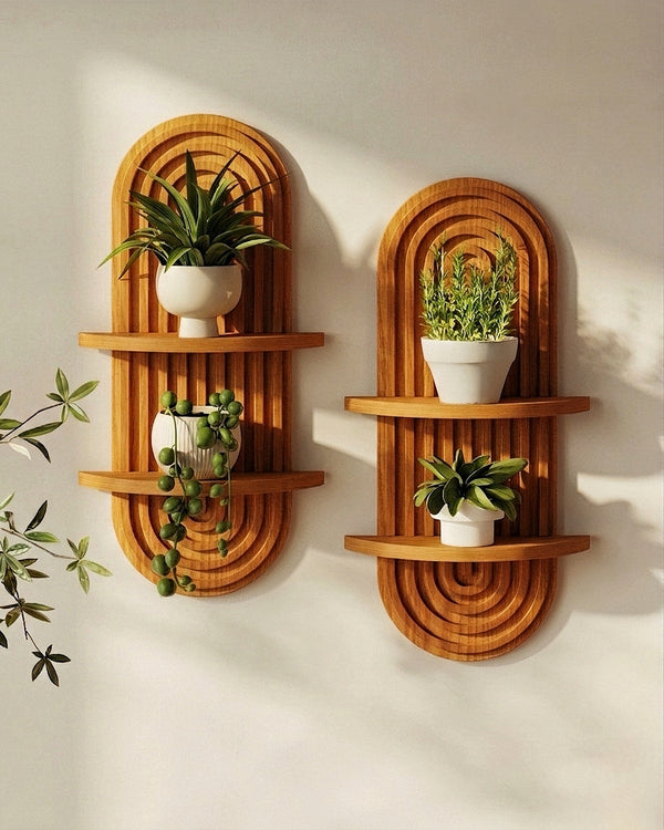 Bamworld Boho Wall Decor Plant Wall Shelf Wood Plant Holder Brown 2PCS | Mid Century Modern Decor Hanging Plant Shelf Wooden Floating Shelves for Home Bedroom Living Room Holding Planter Decoration