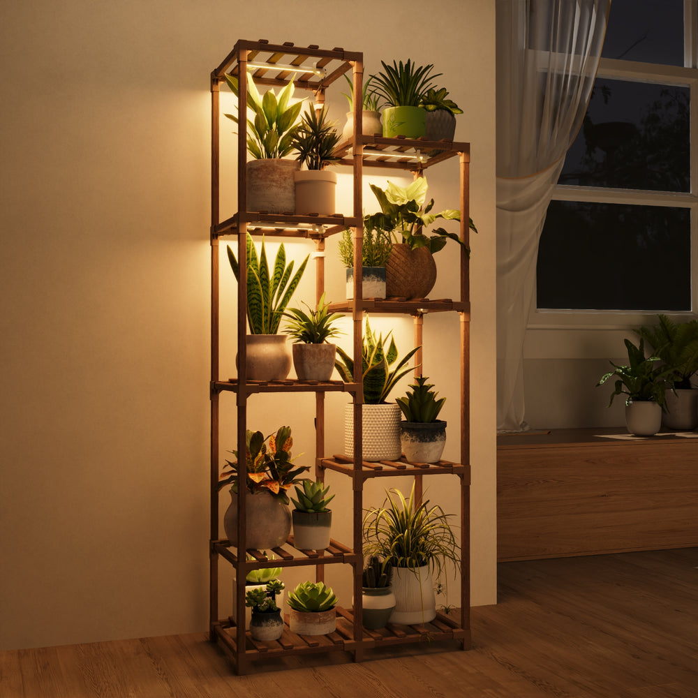 Bamworld Plant Stand with Grow Lights Indoor Outdoor 9 Tier Tall Large Wood Plant Shelf Multi Tier Flower Stands Garden Shelves Wooden Plant Display Holder Rack for Living Room Corner