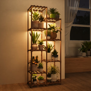 Bamworld Plant Stand with Grow Lights Indoor Outdoor 9 Tier Tall Large Wood Plant Shelf Multi Tier Flower Stands Garden Shelves Wooden Plant Display Holder Rack for Living Room Corner