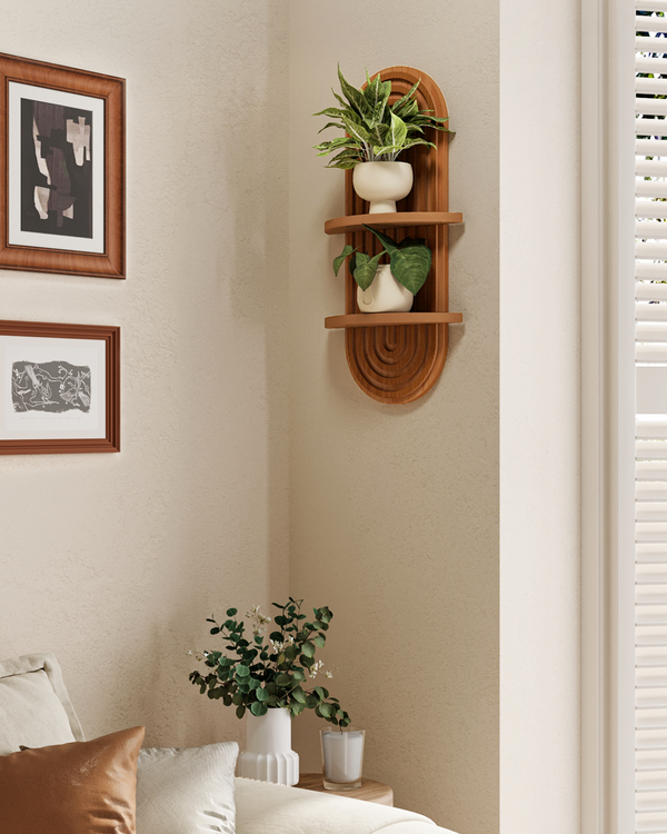 Bamworld 16.7" Arched Boho 2-Tier Wooden Floating Plant Shelf