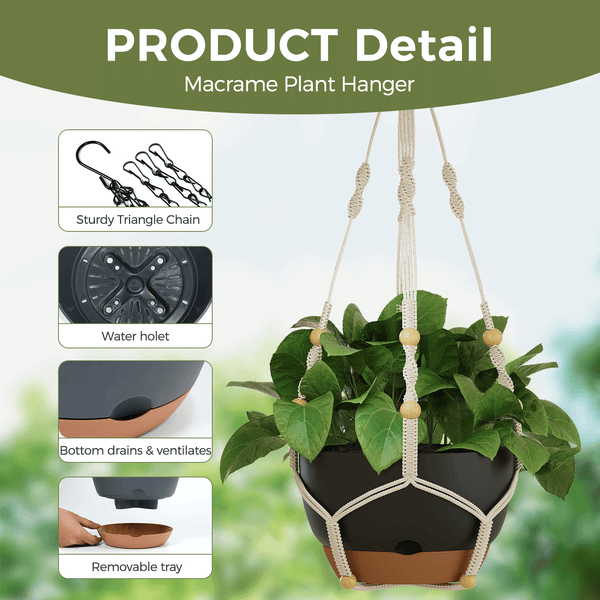 Bamworld 3-Pack Self-Watering Hanging Planters with Macrame and Chains - Matte Black